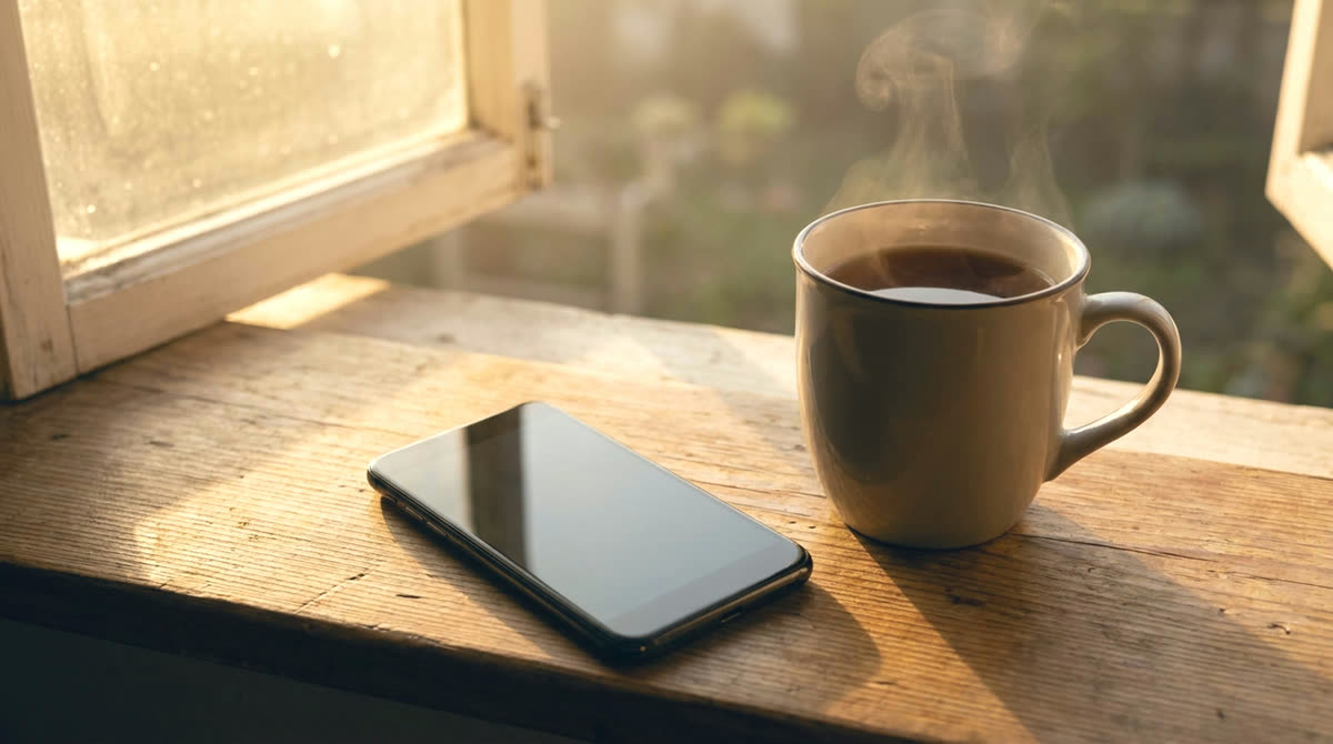 A phone resting on a table at golden hour, ready to send a message