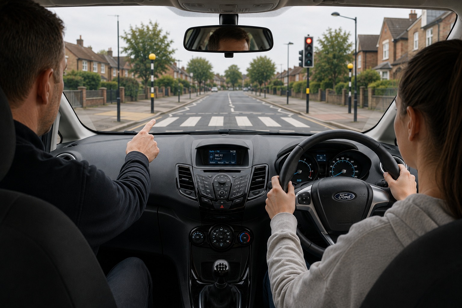 A driving instructor explaining something to a learner at the wheel on a quiet terraced street
