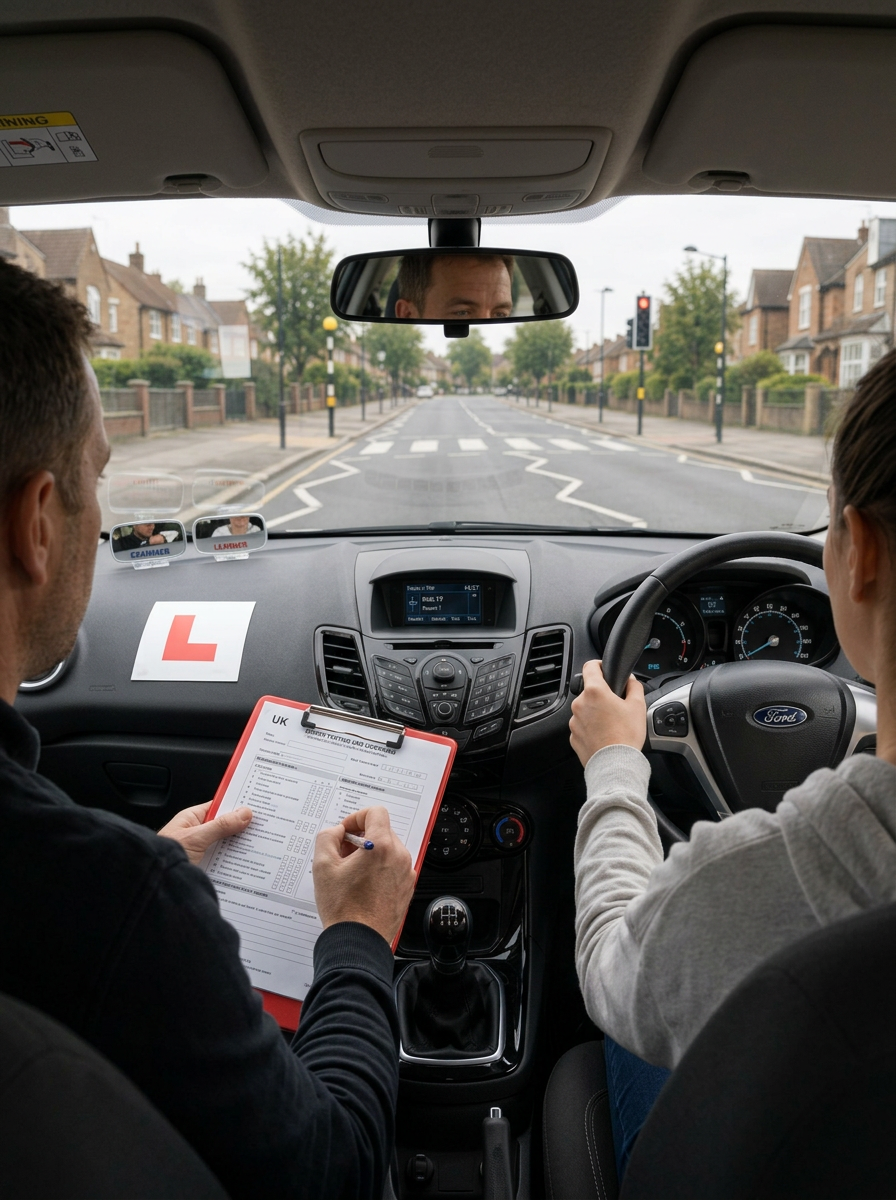 An instructor with a clipboard beside a learner approaching a give way junction on a mock test